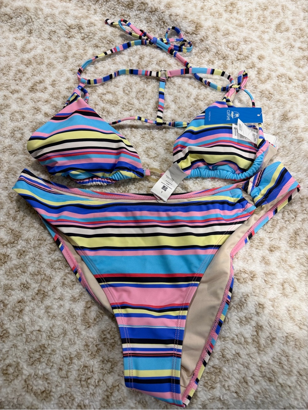 Striped Multicolor Bikini Set - Pink, Blue & Yellow CUPSHE large